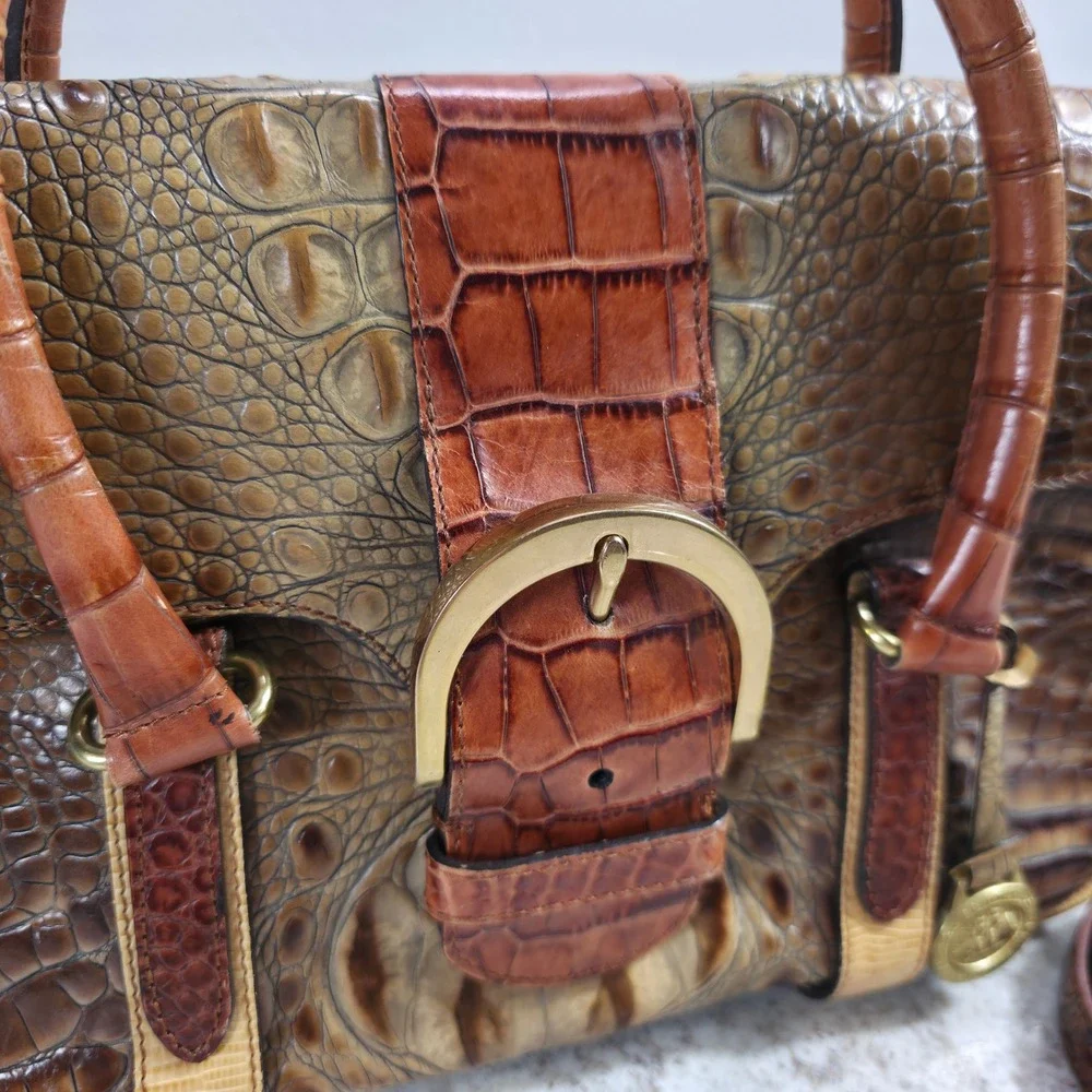Brahmin Tricolor Collection Brown Croc Embossed Leather Satchel Handbag